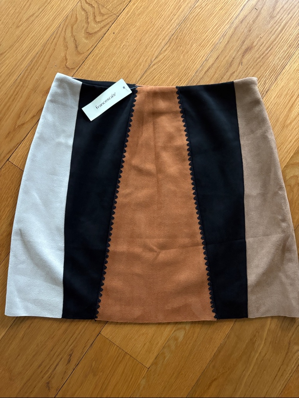 Francesca’s Blue Rain Colorblock Mini Skirt in Tan, Black, Cream